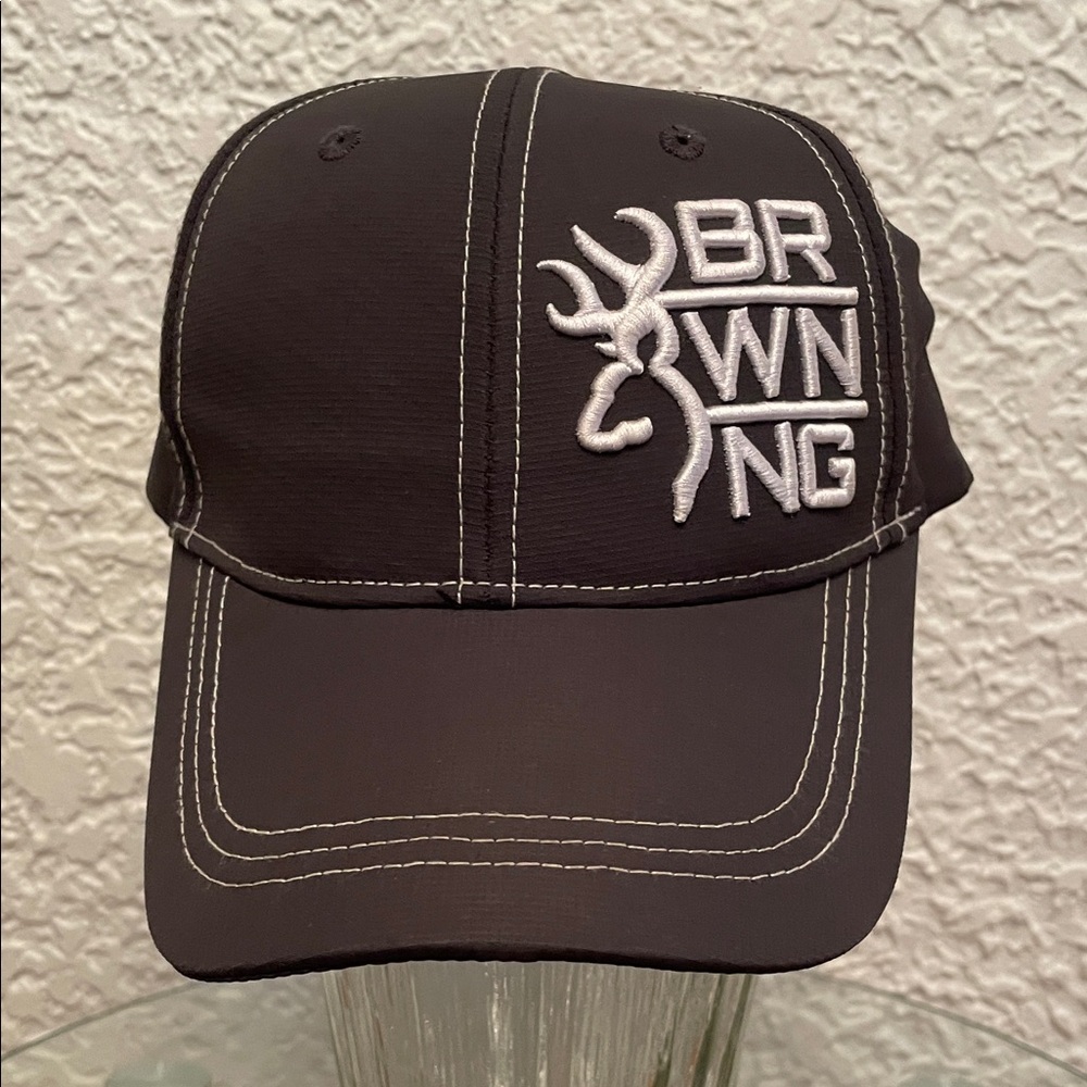 ⭐️NWOT BROWNING Mens Cap Dark Grey w White Embroidery & Stitching Velcro Closure